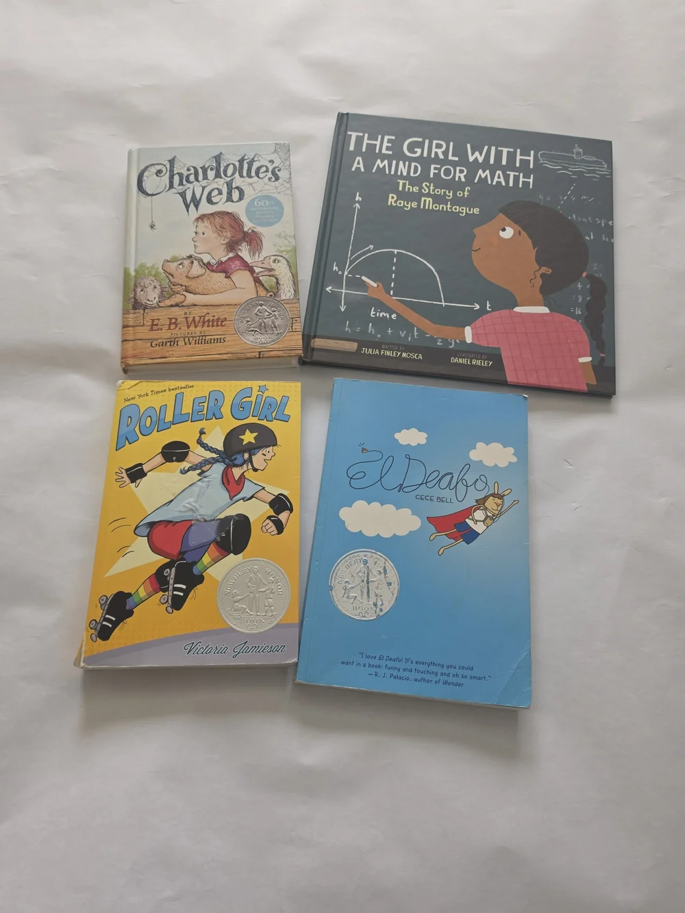 Kid 4 Book Set - Charlotte's Web, The Girl With A Mind For Math, Roller Girl, El